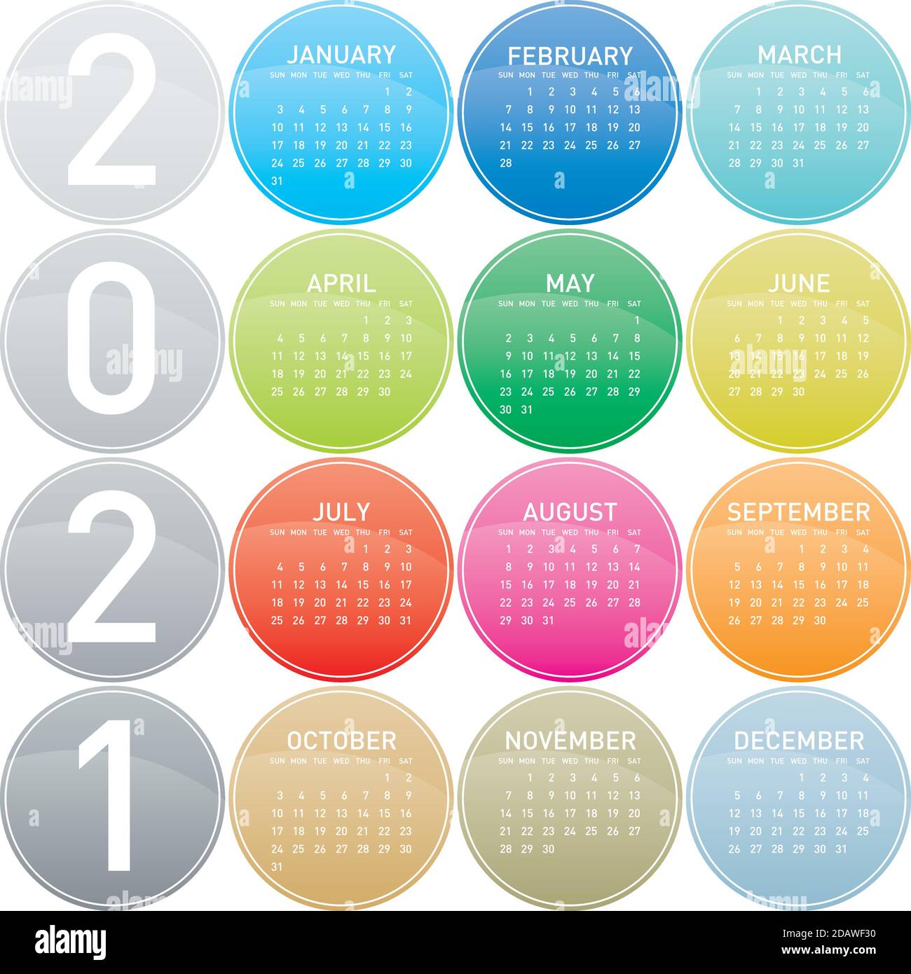 Calendrier coloré des cercles pour l'année 2021, dans les vecteurs Illustration de Vecteur