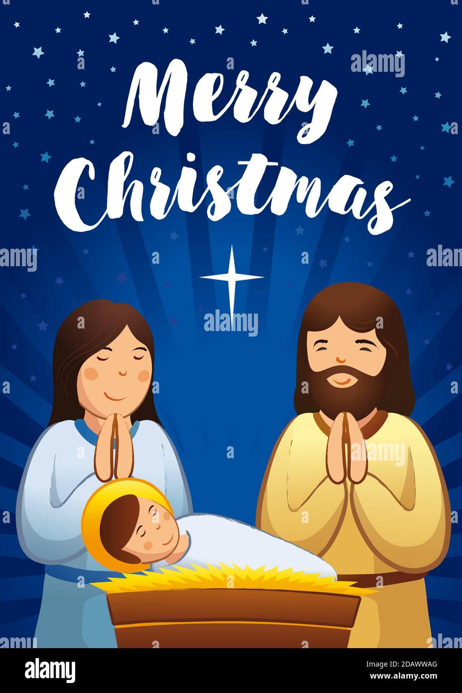 Carte de vœux de fête de Noël, scène Sainte de famille. Illustration vectorielle naissance du Christ, avec le bébé Jésus prière Marie et Joseph et étoile de Bethléem Illustration de Vecteur