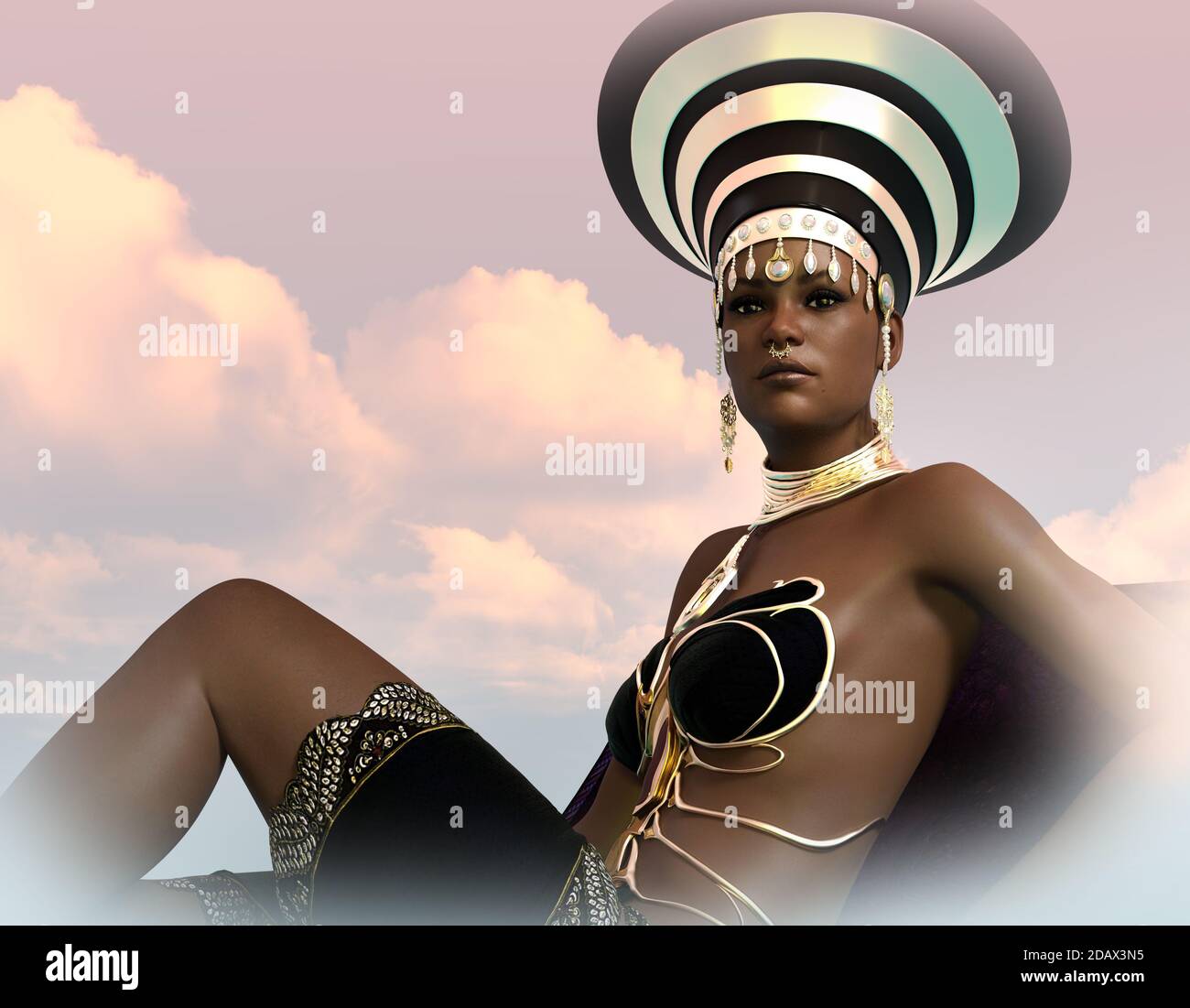 Graphiques 3D d'une femme assise avec fantasy égyptienne vêtements et bijoux Banque D'Images