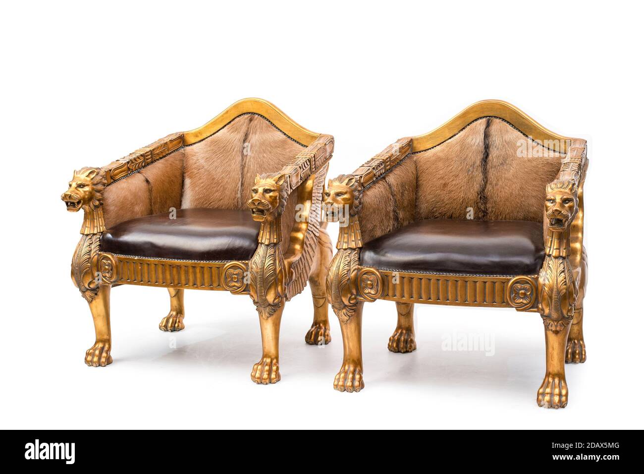 Paire de fauteuils en bois de style médiéval avec têtes de lion sur fond blanc. Banque D'Images