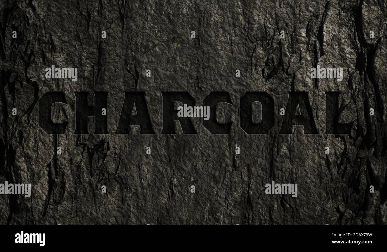 Le mot Charcoal en roche sombre comme fond de mur. Texture détaillée Banque D'Images