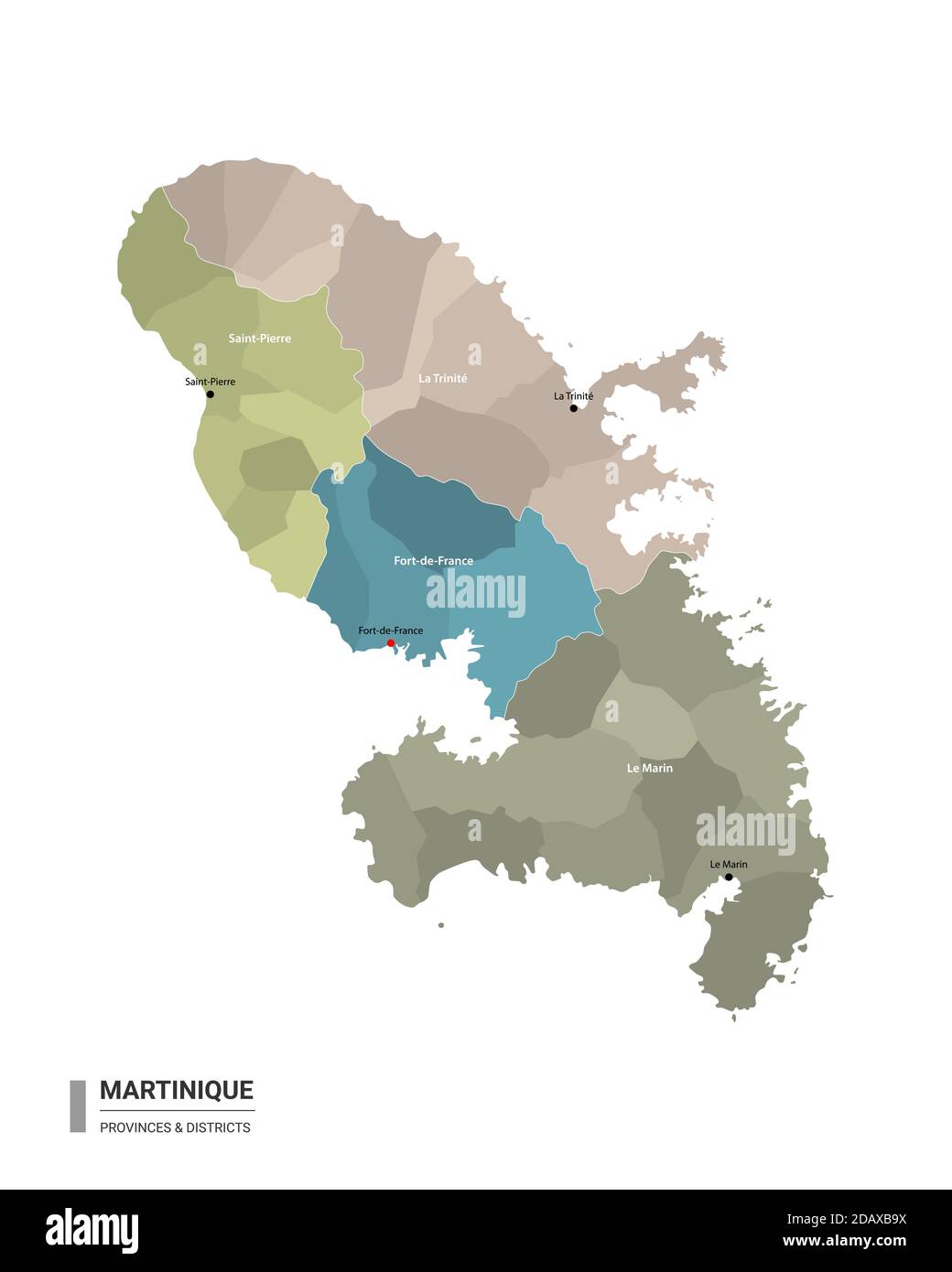 Martinique carte détaillée avec subdivisions. Carte administrative de la Martinique avec le nom des districts et des villes, coloré par les États et l'administration Illustration de Vecteur
