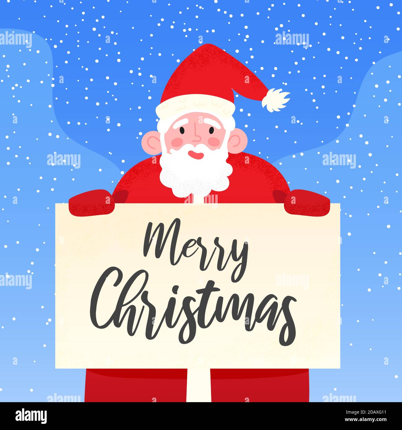 Joyeux Pere Noel Tenant Une Pancarte A Joyeux Noel Papa Noel Souriant Derriere La Banniere De Celebration Sur Fond Bleu Enneige Vecteur Image Vectorielle Stock Alamy