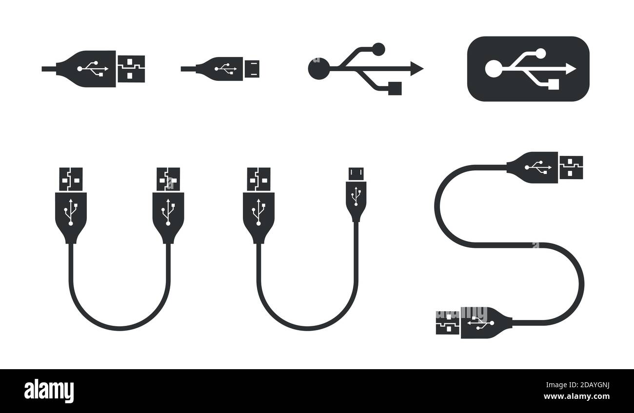 Icônes USB et différents symboles vectoriels de câble et d'adaptateur pour standard normal et micro-industrie Illustration de Vecteur