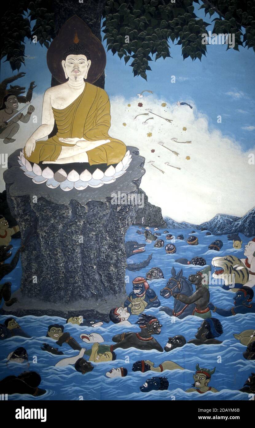 Bouddha endurci le tourment sur son chemin vers l'éclaircissement, la fresque du temple sud-coréen. Banque D'Images