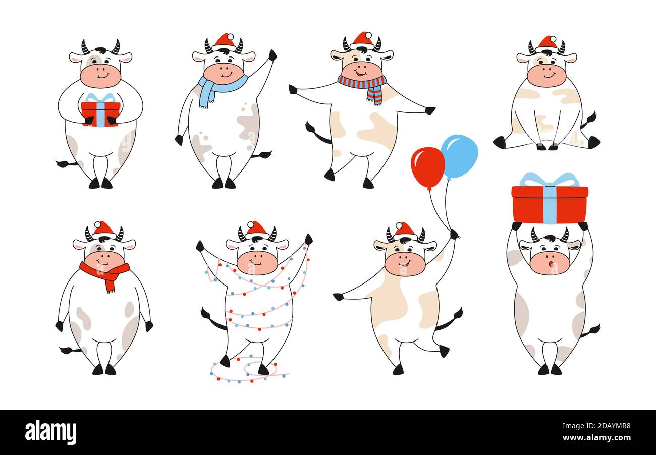Ensemble de Noël symbole taureau année. Collection d'animaux de ferme avec cadeau, chapeau rouge, guirlande. Dessin animé main vache, Buffalo ou veau. Bonne année Joyeux Noël. Animal vacances vector fond blanc Illustration de Vecteur