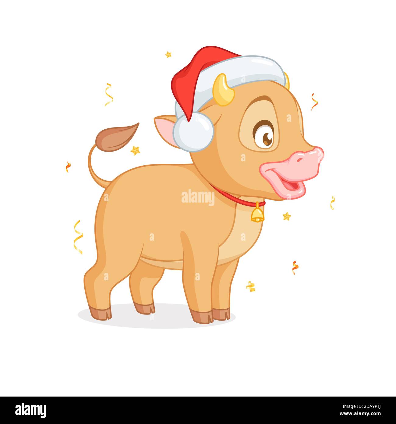Joli petit taureau dans le chapeau Santas debout. Vecteur de dessin animé sur fond blanc. Illustration de Vecteur