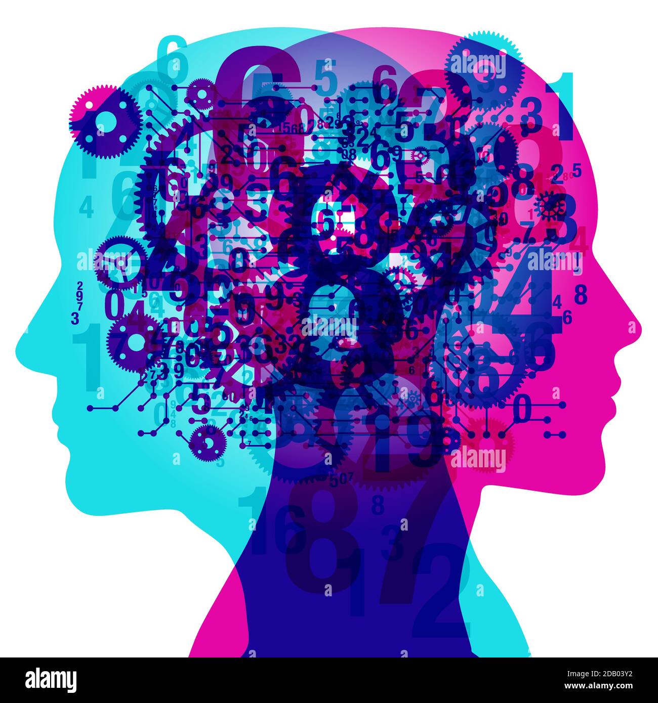 Profil de silhouette latéral mâle et femelle superposé à divers engrenages et engrenages de machine semi-transparents, chiffres et formes de carte de circuit imprimé. Illustration de Vecteur