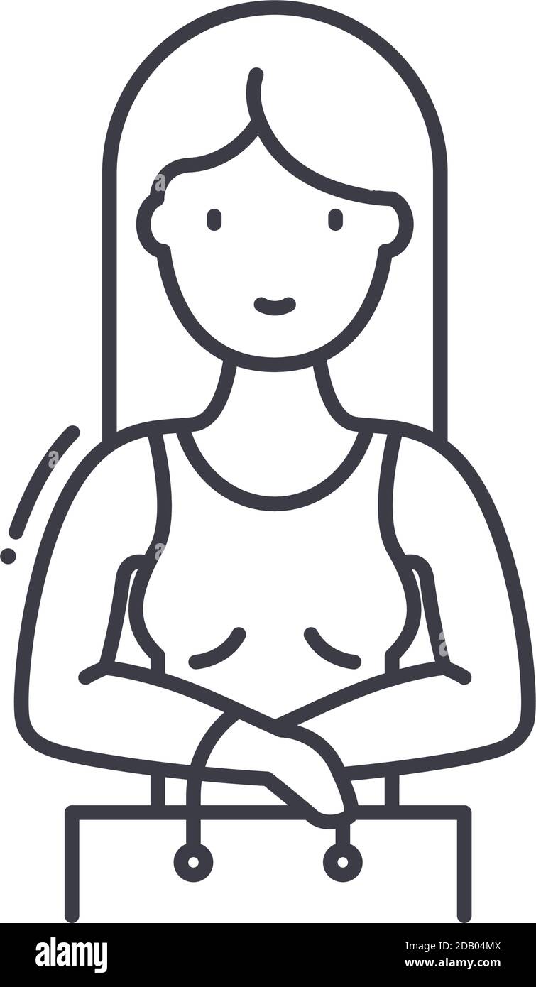 Icône de la femme d'achat, illustration isolée linéaire, vecteur de ligne mince, signe de conception Web, symbole de concept de contour avec contour modifiable sur fond blanc. Illustration de Vecteur