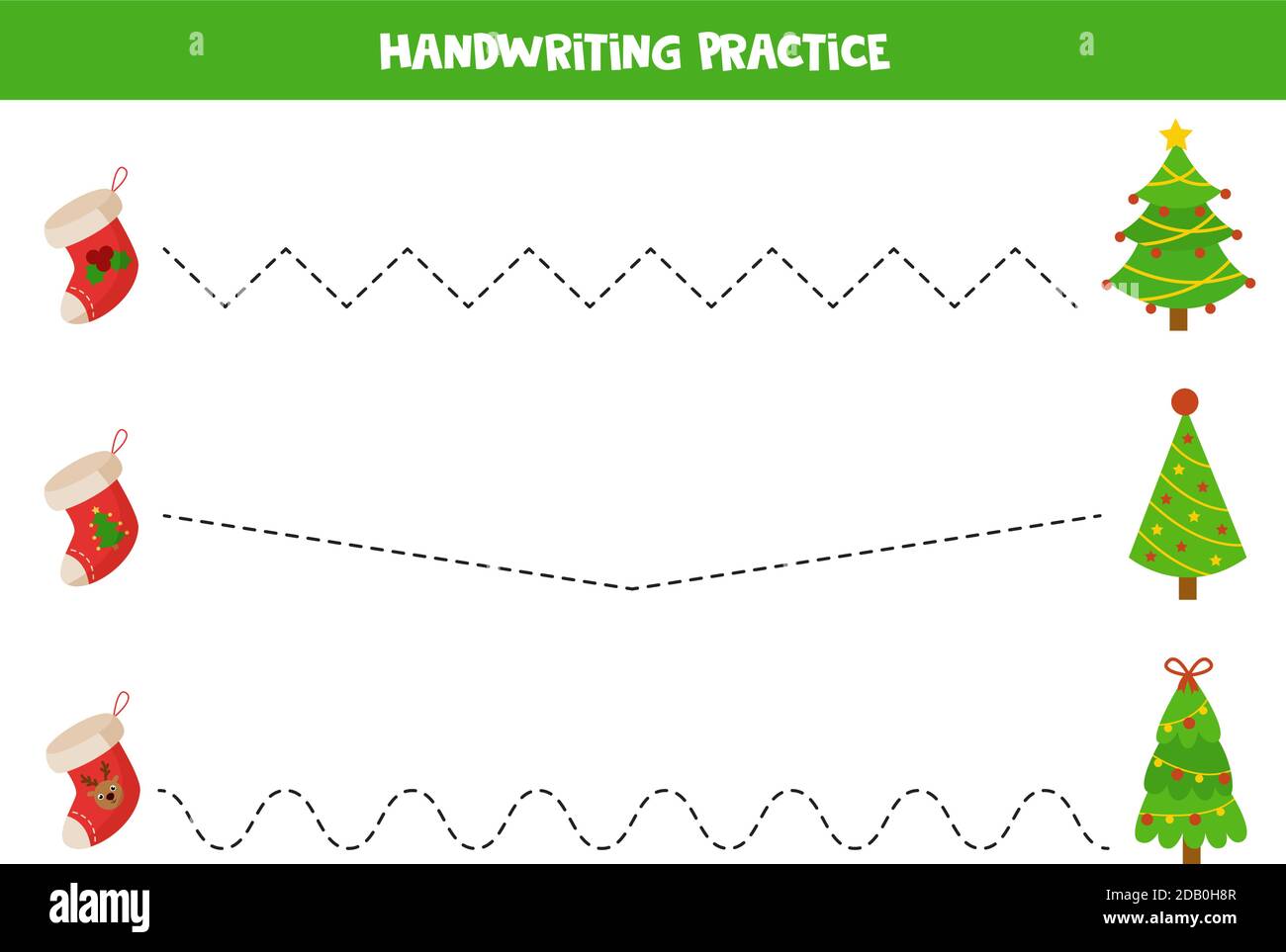 Tracez les lignes avec des chaussettes de Noël et des arbres. Illustration de Vecteur