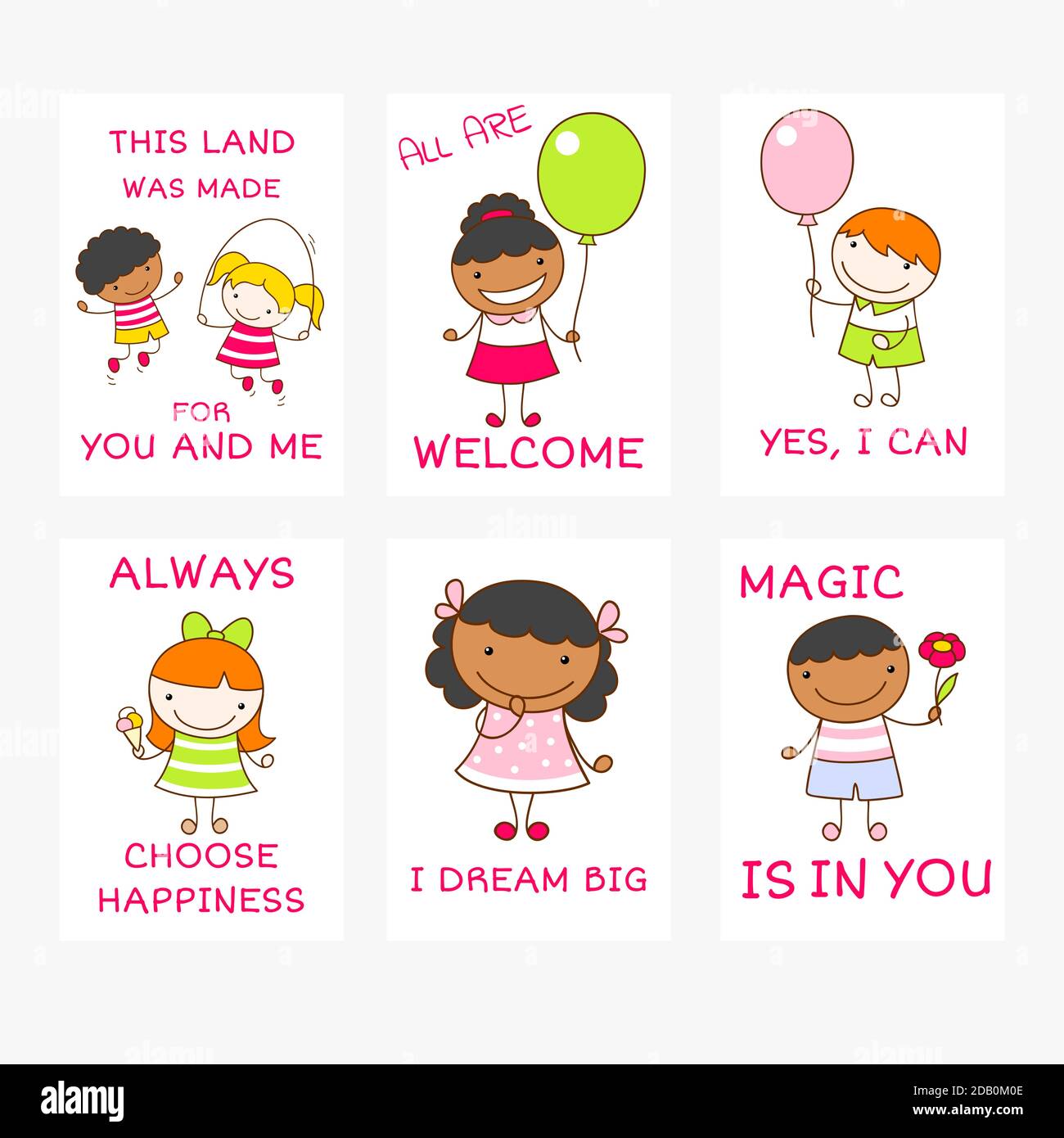 Ensemble De Bannieres Vectorielles Avec Affirmations Pour La Salle De Jeux Pour Enfants Carte D Inspiration Mignonne Avec Des Garcons Et Des Filles Africains Et Caucasiens Citation Motivante Pour G Image Vectorielle Stock