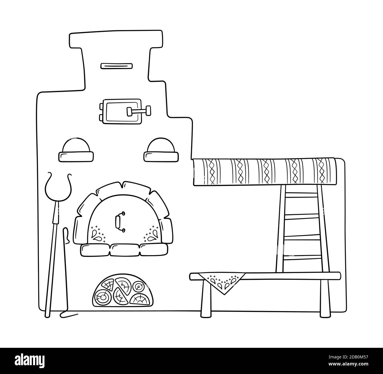 Poêle russe traditionnelle à main avec poignée, pots, poker et bois de chauffage. Illustration vectorielle Illustration de Vecteur