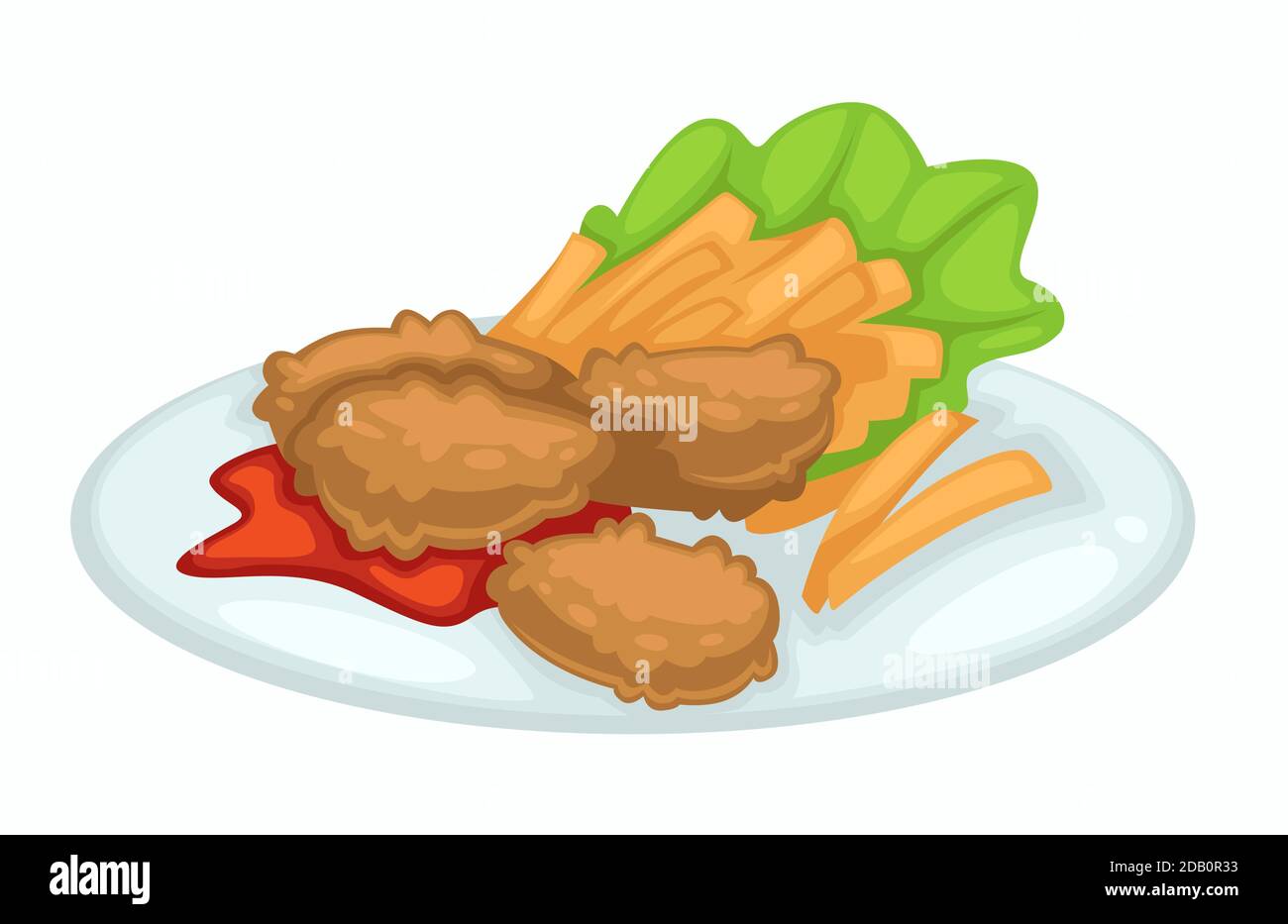 Escalope de poulet avec ketchup de frites et laitue sur l'assiette Illustration de Vecteur