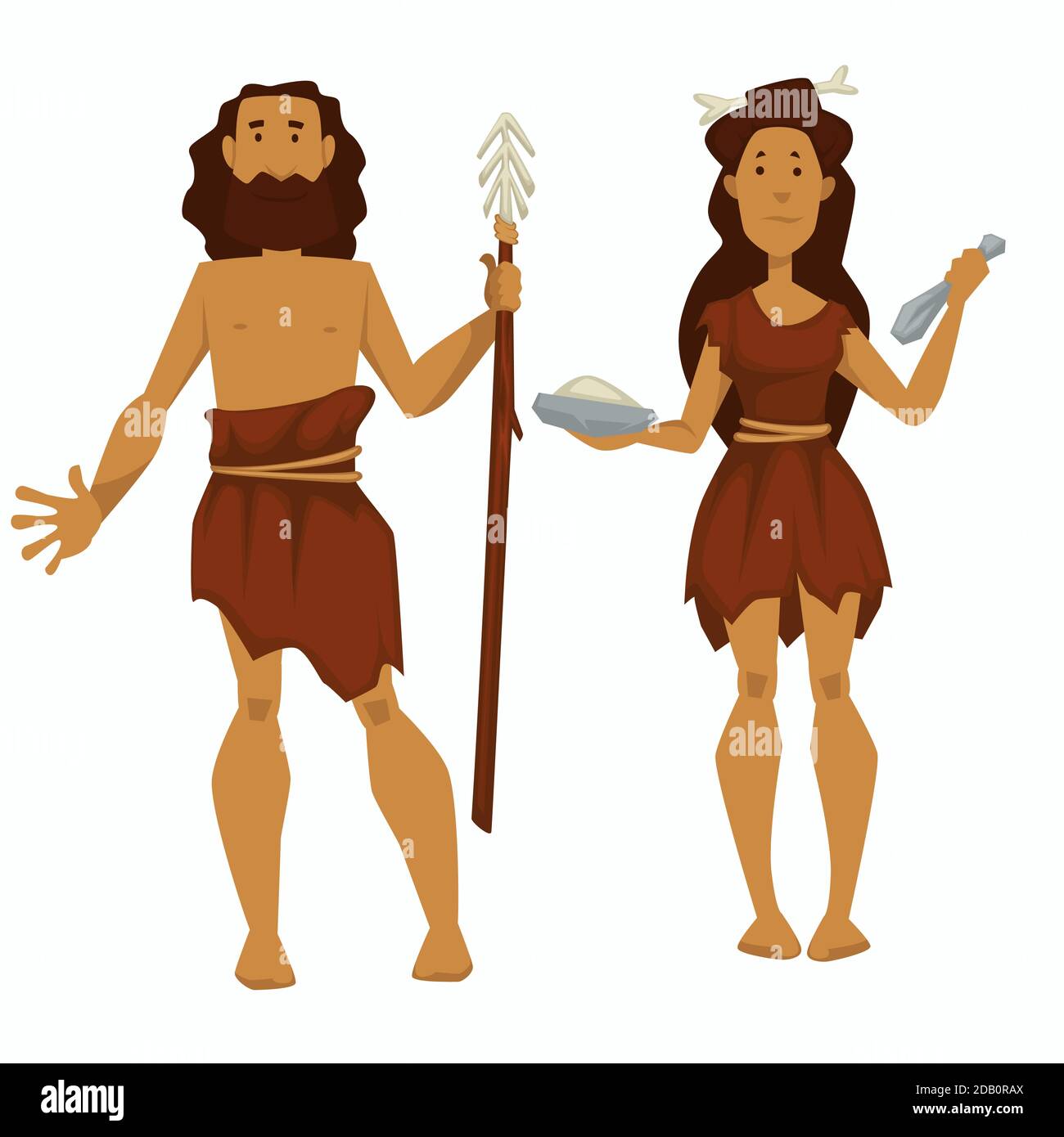 L'homme et la femme primitifs de l'âge de pierre avec des pièces de rechange et des outils Illustration de Vecteur