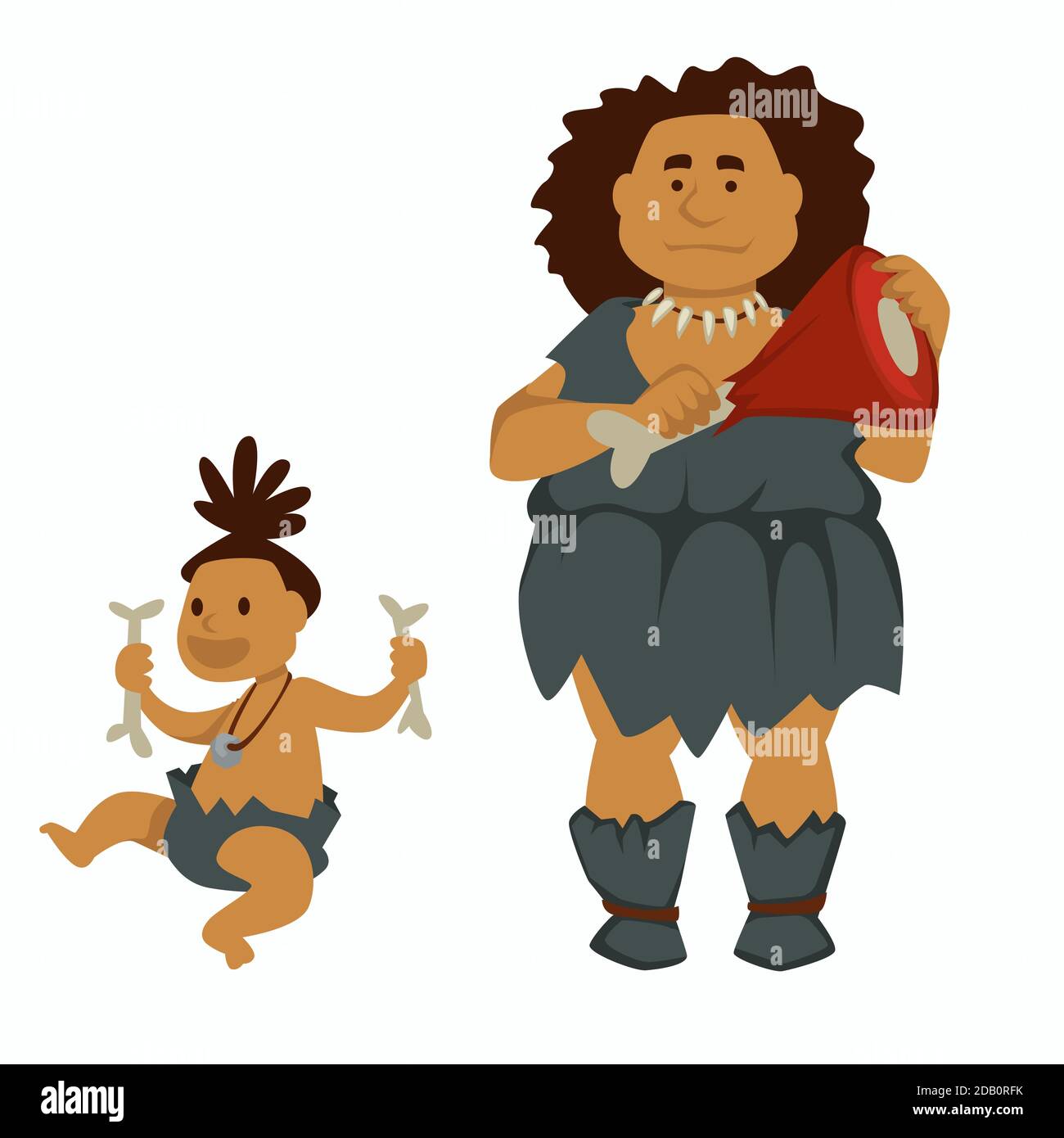 Femme primitive avec de la viande et le bébé tenant des os histoire Illustration de Vecteur