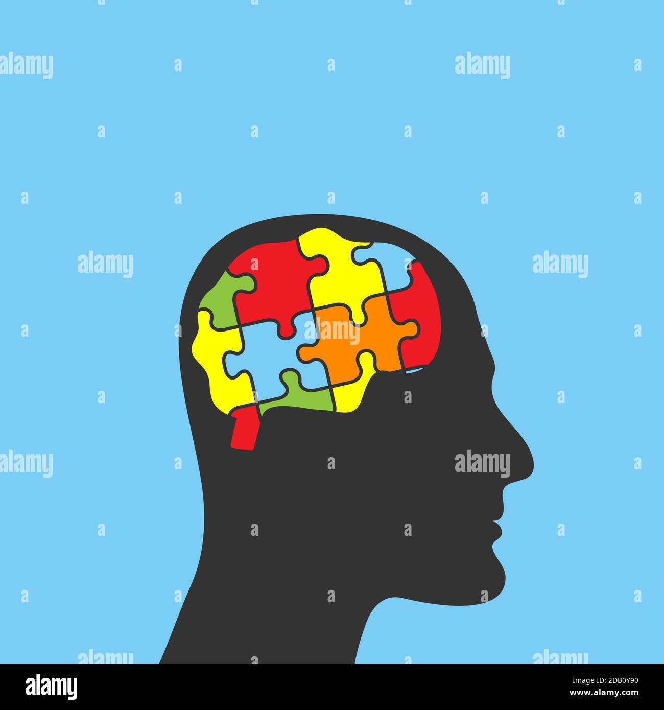 Silhouette d'homme de tête avec des pièces de puzzle dans le cerveau.  Éducation, connaissance, psychologie, mémoire, concept logique. Maladie  mentale et cérébrale. Isolé sur Image Vectorielle Stock - Alamy