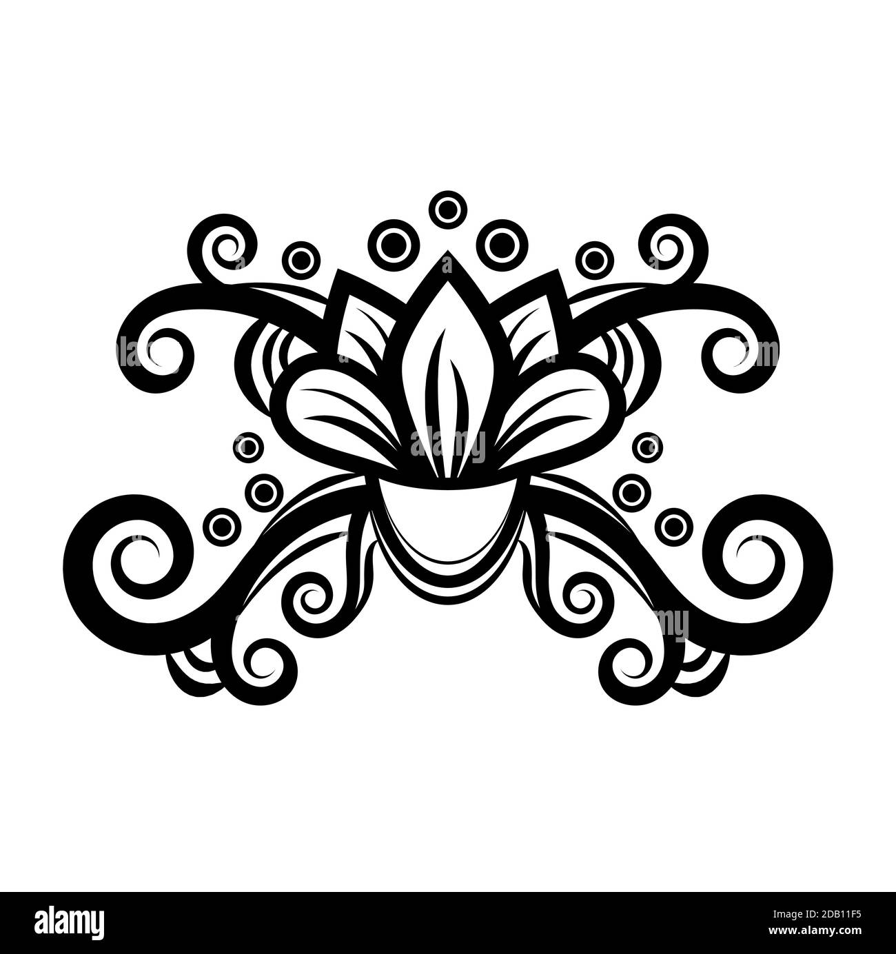 Décoration florale abstraite, motif ethnique, dessin noir et blanc avec boucles, spirales, fleurs, éléments décoratifs, imprimé, tatouage, coloriage iso Illustration de Vecteur