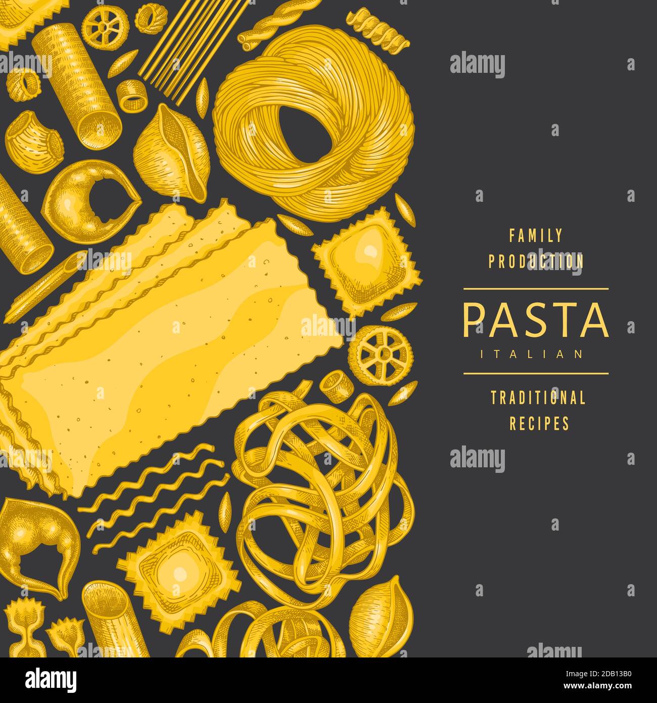 Modèle de pâtes italiennes. Illustration d'aliments vectoriels dessinés à la main. Pâtes millésime de différents types de fond. Illustration de Vecteur