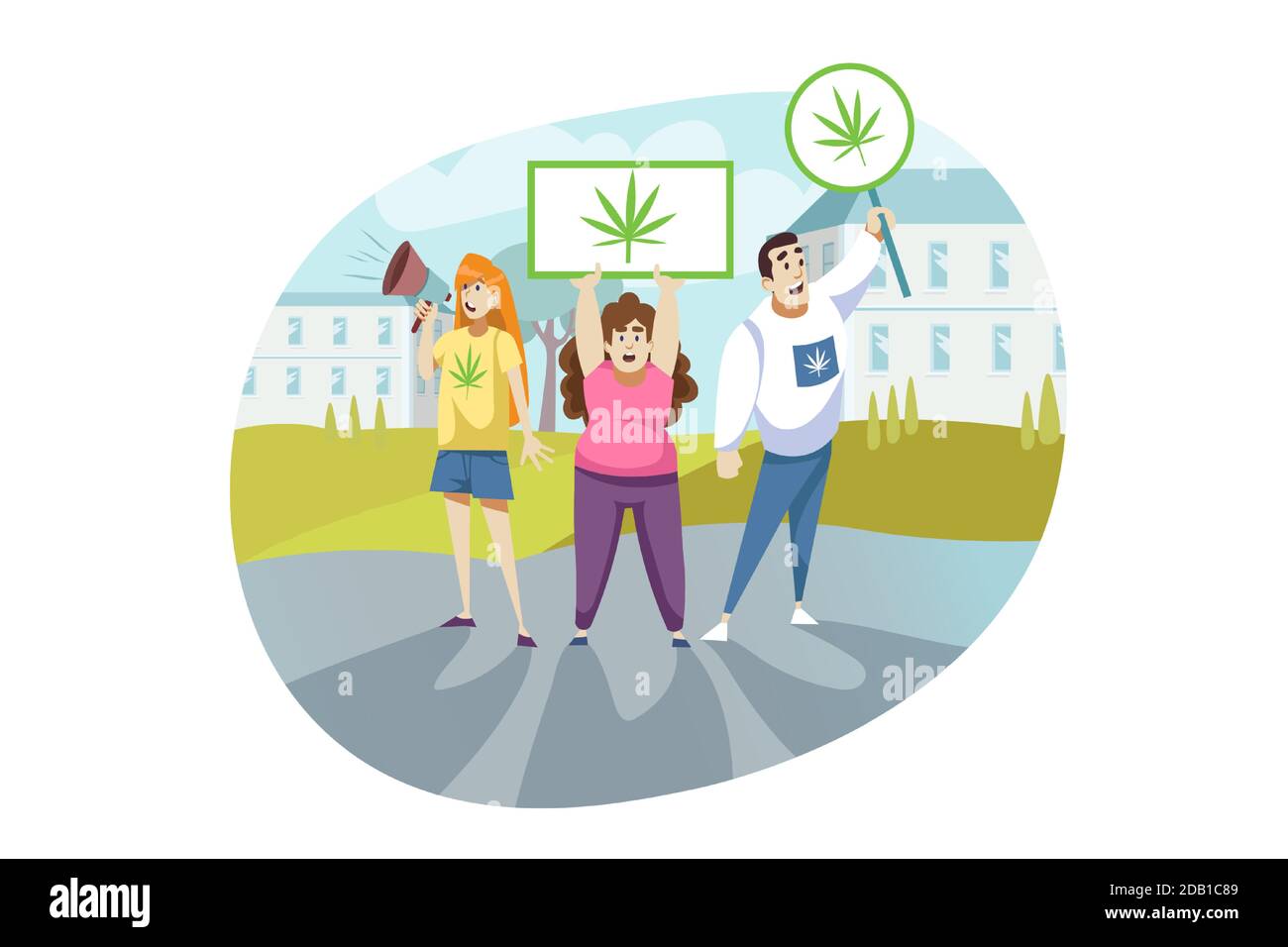Protestation, activiste, légalisation, marijuana, cannabis concept Illustration de Vecteur