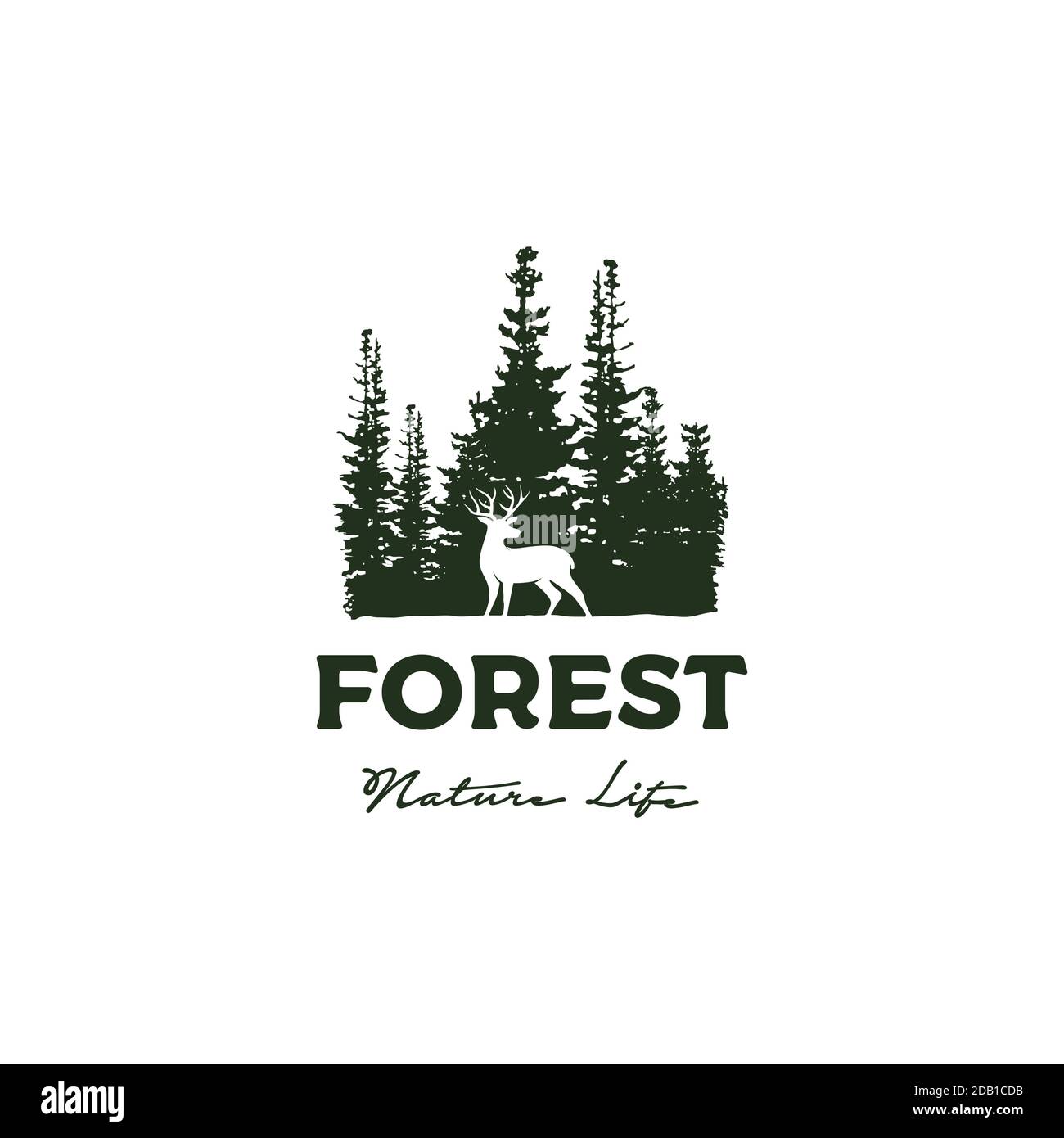 PIN et cerf Cèdre épinette Fir conifères Forêt Silhouette Wilderness Logo Adventure Illustration de Vecteur