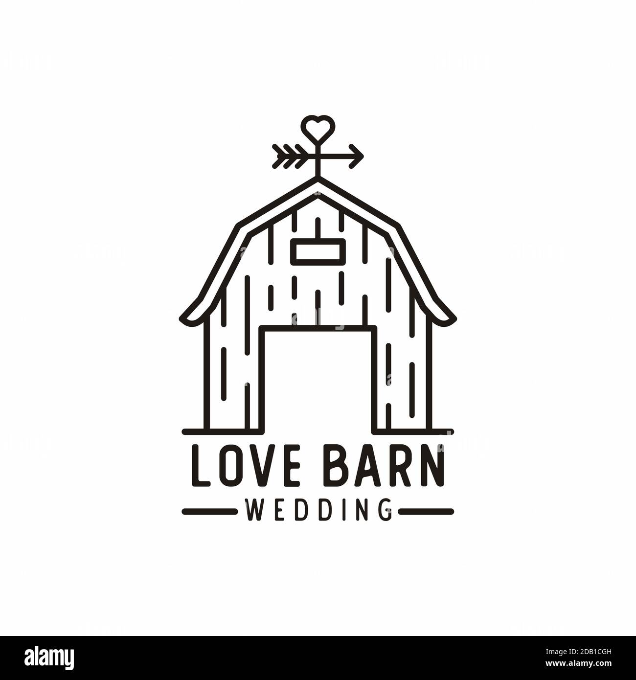Ligne simple / ligne simple Barn avec flèches et coeur Logo « Love for Wedding » Illustration de Vecteur