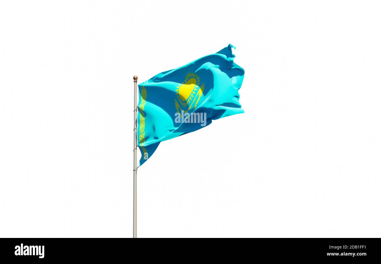 Drapeau Du Kazakhstan Sur Un Mât En Bois Avec Un Fond Blanc