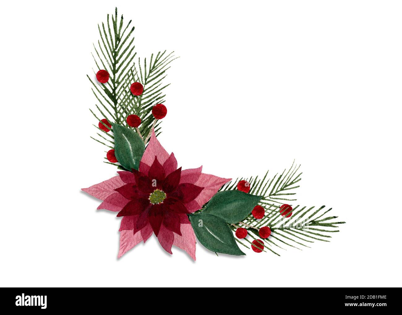 Décoration florale de Noël avec fleur de poinsettia, sapin et baies, aquarelle de Noël et décoration de vacances d'hiver pour cartes et design Banque D'Images