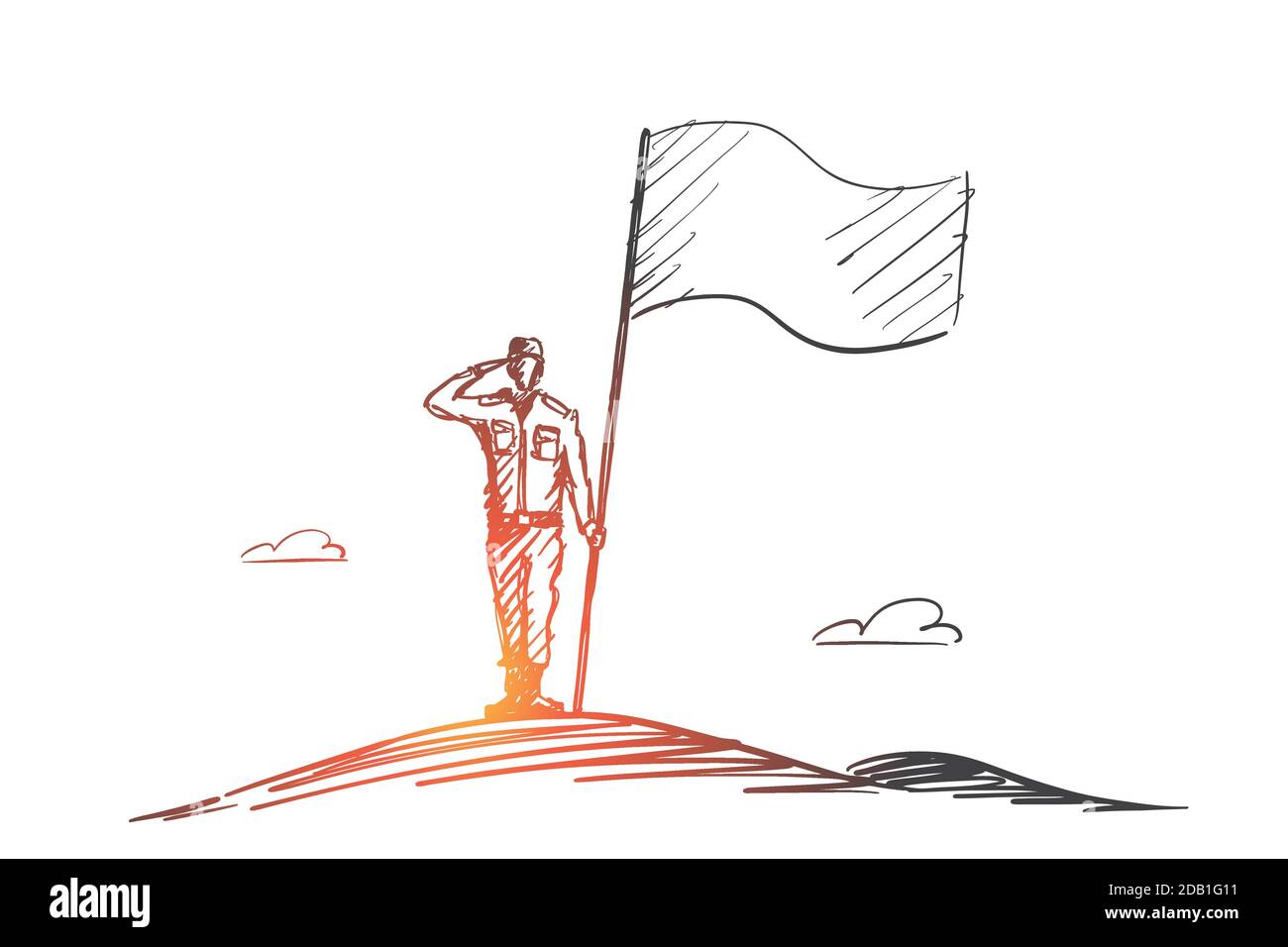 Soldat patriote tiré à la main debout avec drapeau Illustration de Vecteur