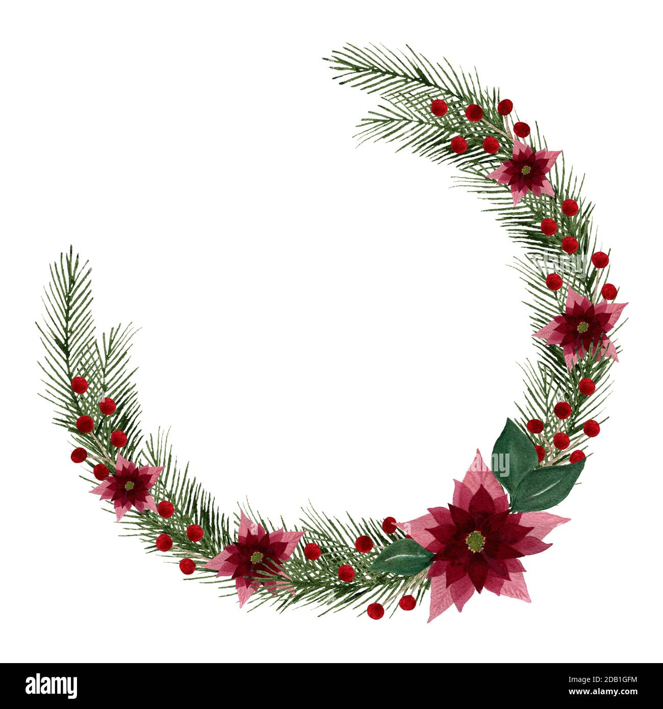 Couronne de Noël avec fleurs de poinsettia, sapin et baies, aquarelle décoration de Noël traditionnelle pour cartes, voeux ou dessins Banque D'Images