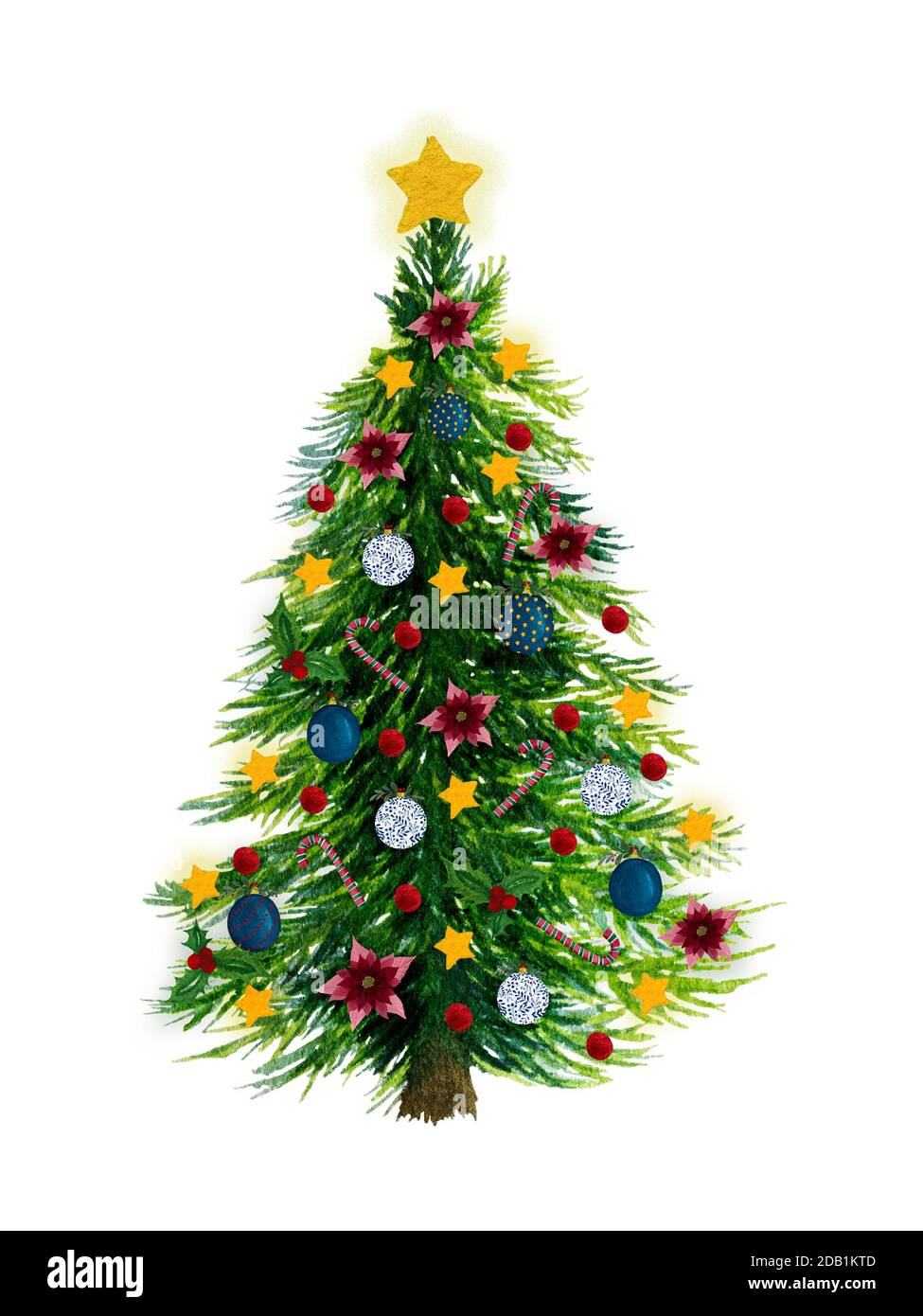 Arbre de Noël avec décorations et ornements isolés sur blanc, aquarelle arbre de Noël illustration pour cartes, voeux ou dessins Banque D'Images