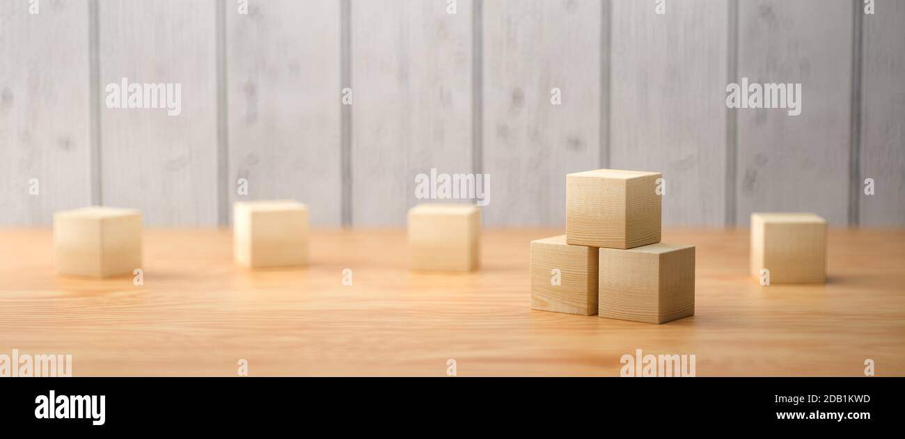 cubes en bois vides pour messages et icônes sur bois arrière-plan - illustration 3d Banque D'Images