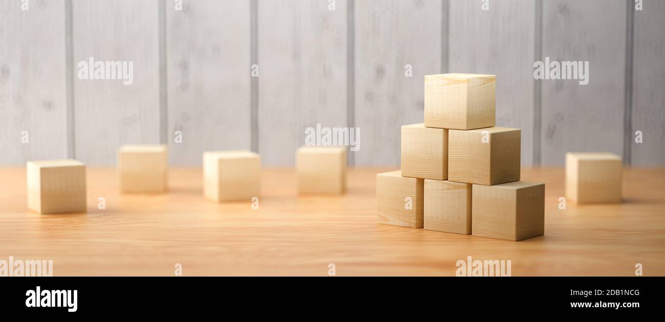 cubes en bois vides pour messages et icônes sur bois arrière-plan - illustration 3d Banque D'Images