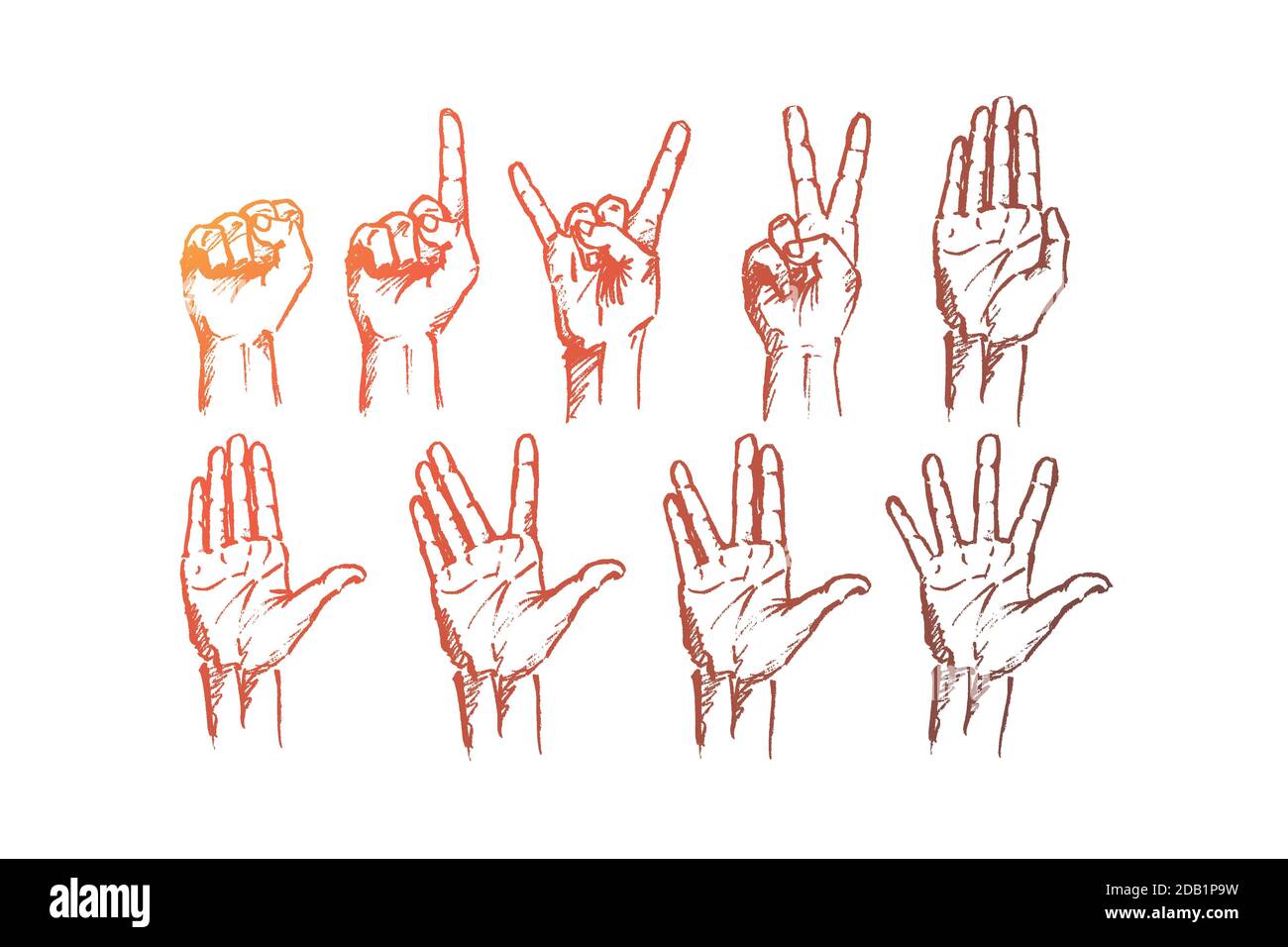 Signes à main dessinés avec des lettres conceptuelles Illustration de Vecteur
