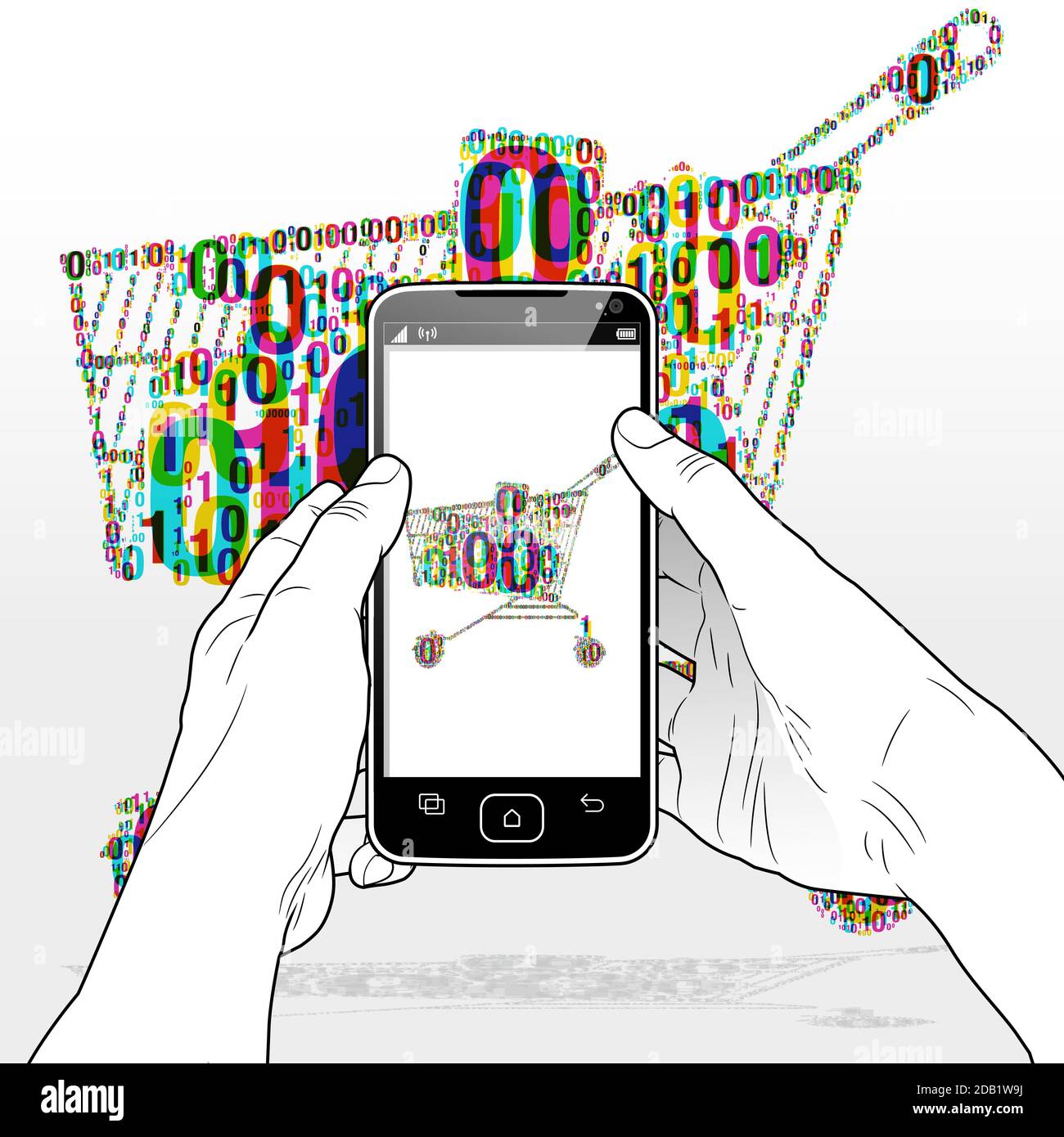 Une expérience d'achat numérique par e-commerce via une application du logiciel Smart Phone. Un code binaire se chevauchant est groupé pour former un panier. Illustration de Vecteur