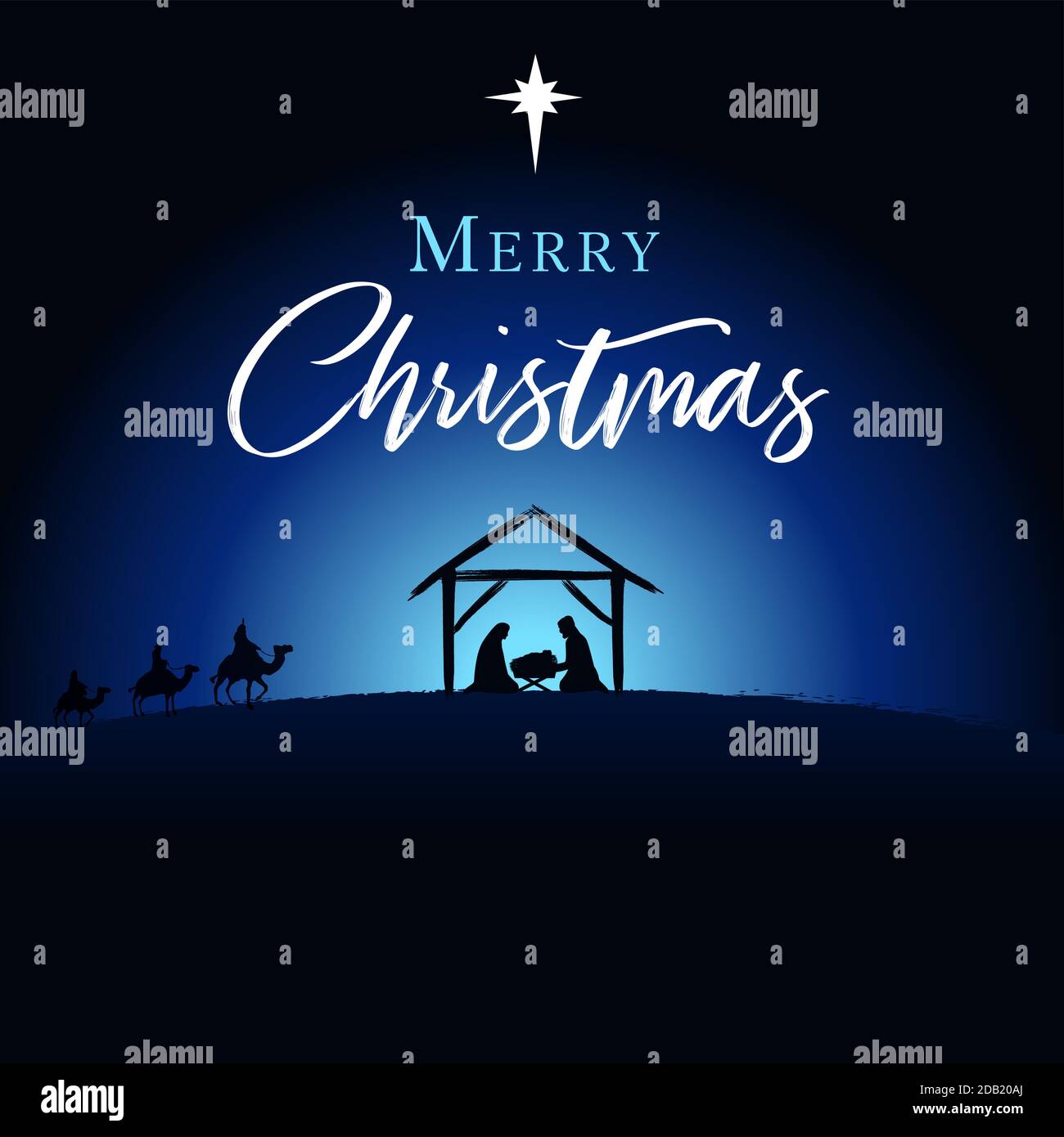 Joyeux Noël, naissance du Christ carte de salutation. Scène de la Nativité du bébé Jésus dans la mangeoire avec Marie et Joseph en silhouette, entouré par l'étoile et Illustration de Vecteur