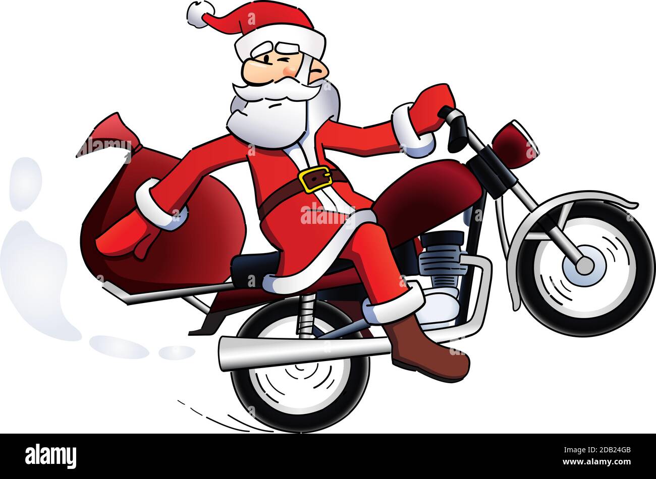 Carte de vacances à vélo pour le Père Noël. Joyeux Père Noël sur l'illustration vectorielle rouge du modèle de moto. Icône décorative. Modèle de conception graphique abstrait isolé. Illustration de Vecteur
