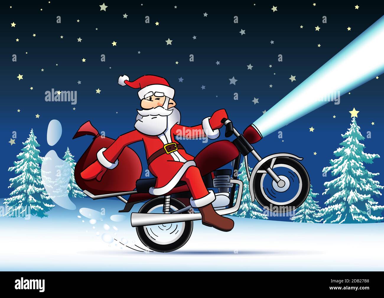 Carte du nouvel an pour le Père Noël. Drôle de Père Noël avec des cadeaux de Noël sur un vélo. Arbre du nouvel an, arrière-plan de la forêt. Toile de fond bleu neige. Abstrait isolé g Illustration de Vecteur