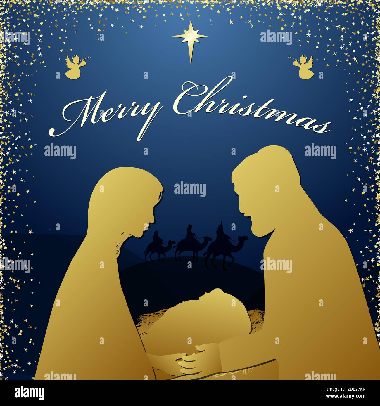 Joyeux Noël salutation religieuse. Fils de dieu est né l'histoire biblique spirituelle. Fond carré bleu foncé, silhouette de couple et sage hommes cha Illustration de Vecteur