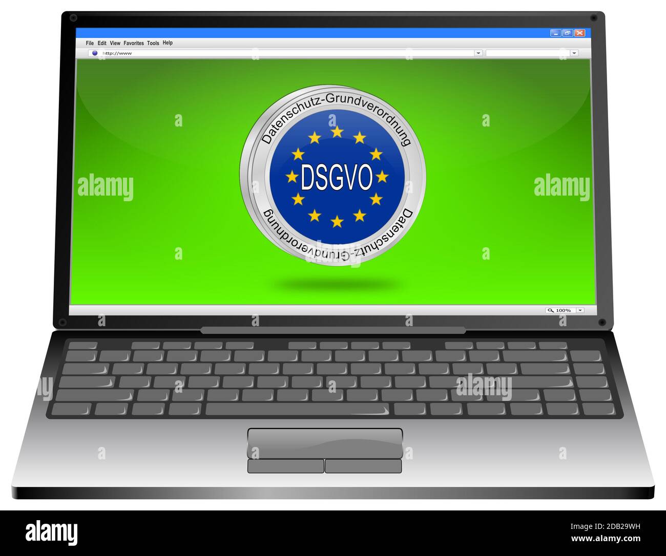Ordinateur portable avec bouton bleu DSGVO General Data protection Regulation - en allemand - illustration 3D Banque D'Images