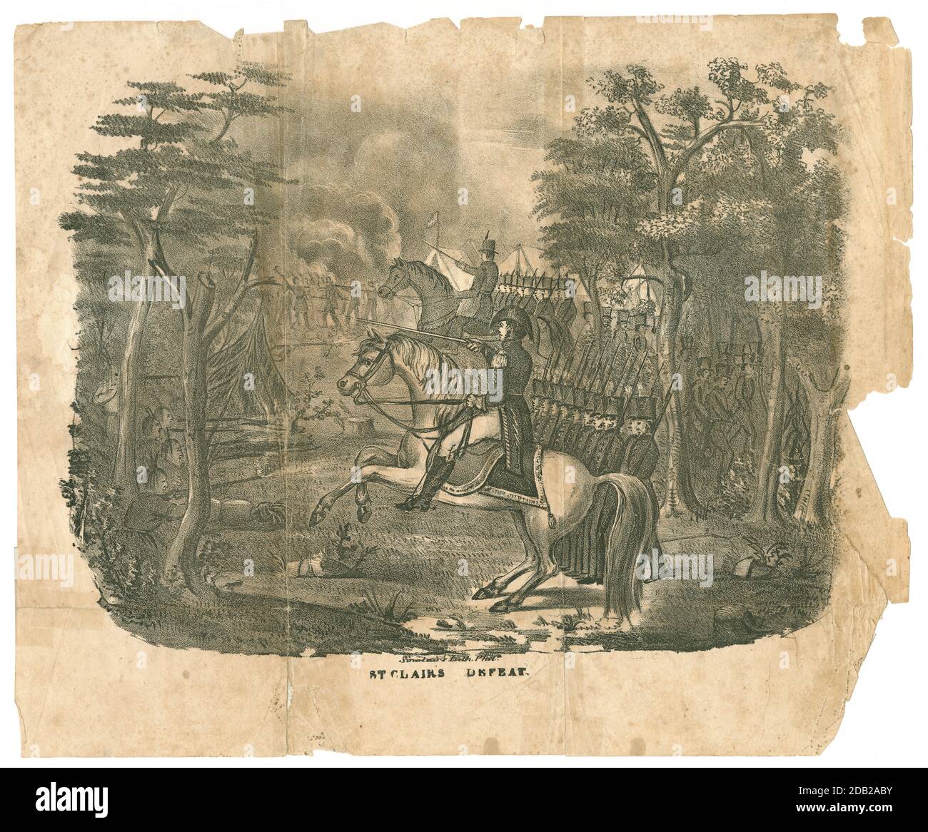 Gravure antique c1841, “St. La défaite de clair » de James Wimer's Events in Indian History. La défaite de St. clair, également connue sous le nom de la bataille de la Wabash, était une bataille menée le 4 novembre 1791, dans la guerre des Indiens du Nord-Ouest et était la plus grande défaite militaire américaine jamais menée par les Indiens américains. SOURCE : GRAVURE ORIGINALE Banque D'Images