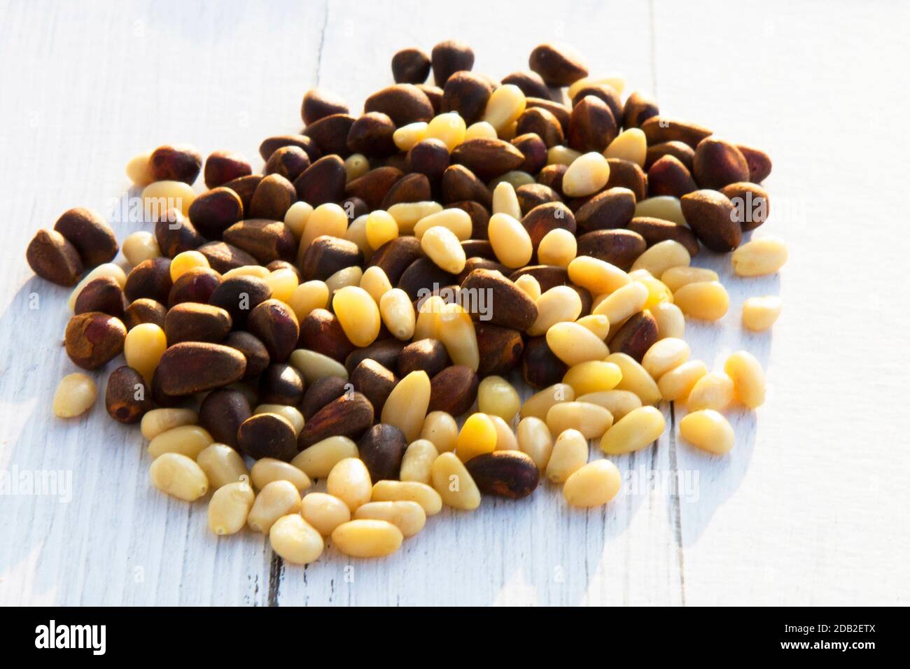 Grains pelés de noix de cèdre dans une cuillère, deux cônes de pin, branches vertes Banque D'Images