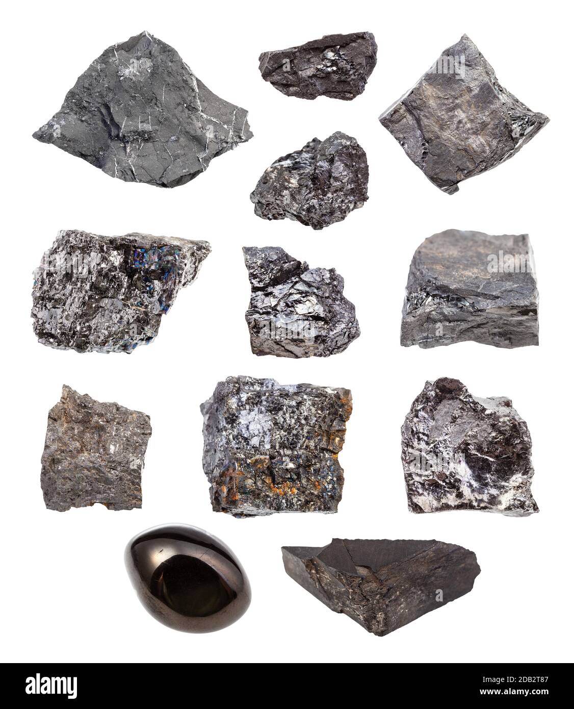 Ensemble de roches isolées sur fond blanc (charbon bitumineux, charbon noir, lignite, charbon brun, schiste de schngite, schiste de charbon, Anthracite) Banque D'Images