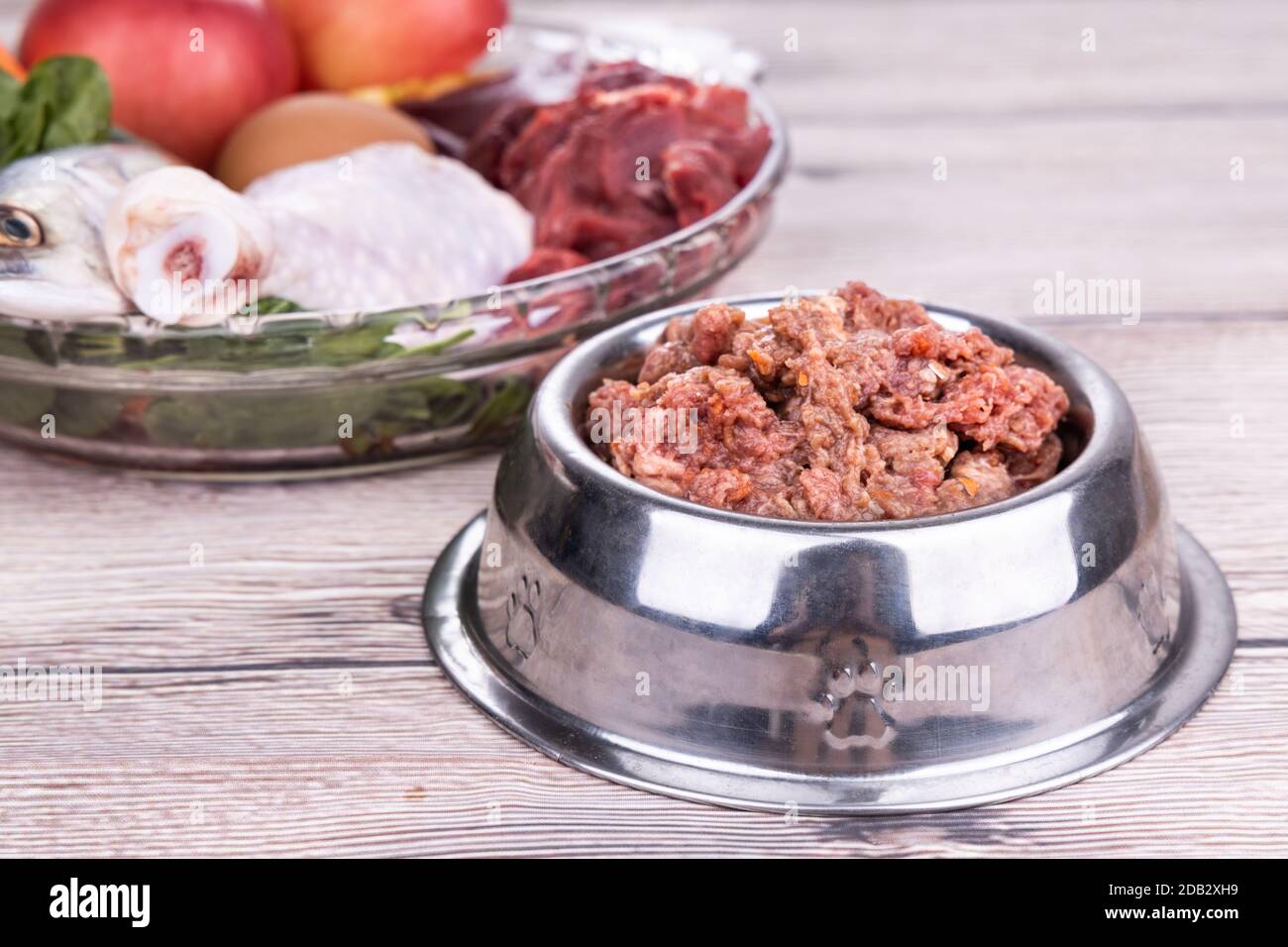 Ingrédients de recette de nourriture crue hachée pour chiens composés de viande, d'organes, de poisson, d'oeufs et de légumes Banque D'Images