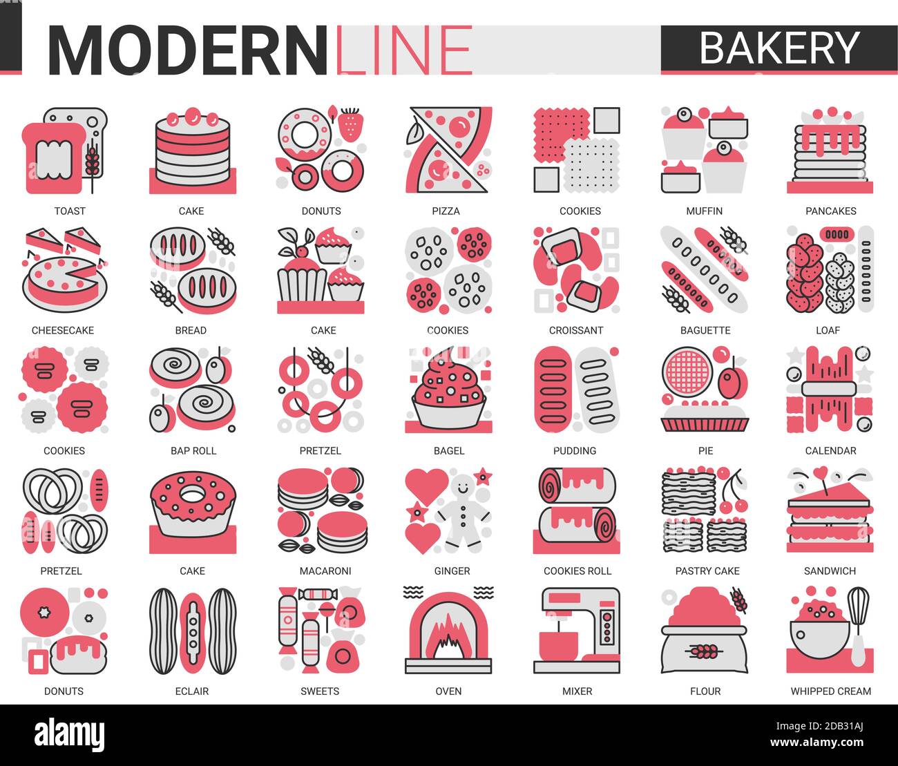 Boulangerie complexe concept plat icônes ensemble vectoriel. Collection de pictogrammes avec contour de dessert sucré et produits sucreries et équipement du chef boulanger, symboles cheesecake à gâteau au pain Illustration de Vecteur