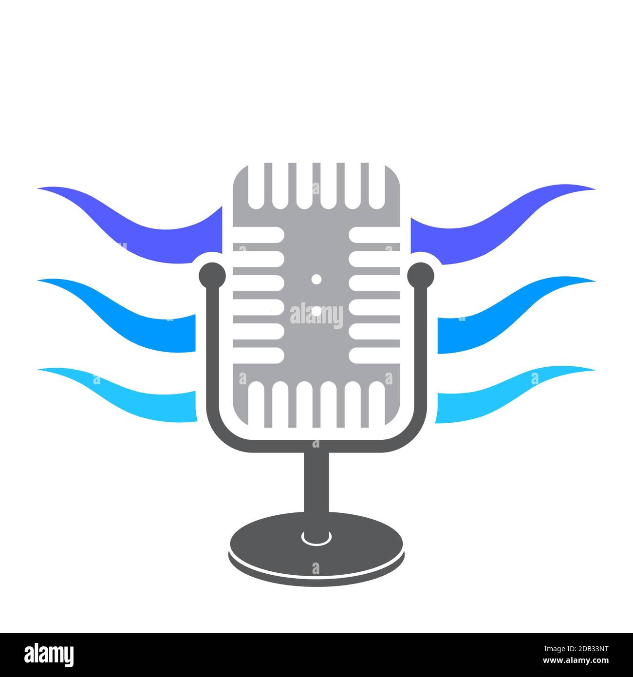 Icône de microphone rétro avec icône d'ondes sonores bleues isolée sur fond blanc. Symbole Audio musique. Logo de l'enceinte. Concept microphone studio. Banque D'Images