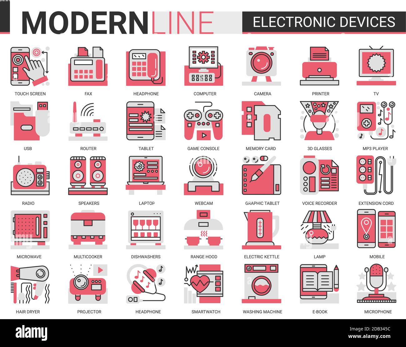 Dispositifs électroniques concept complexe ligne plate icône vecteur jeu d'illustration, accessoires d'ordinateur et appareils de cuisine collection de contour électroniquement des symboles pour gadget ou ustensiles de cuisine magasin. Illustration de Vecteur