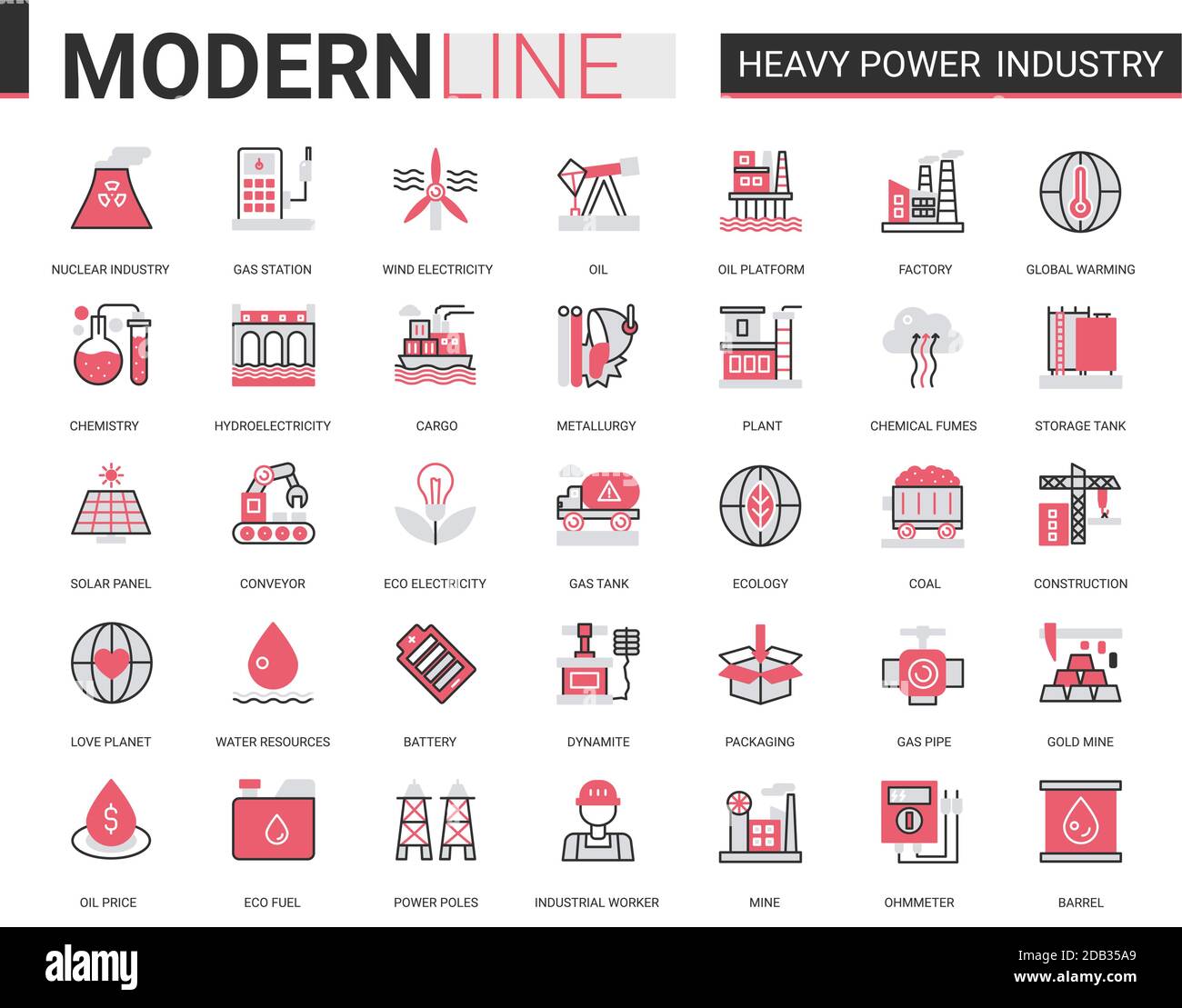 Jeu d'illustrations vectorielles de l'industrie de l'énergie lourde, fines et rouges, avec grandes lignes graphiques, symboles industriels de la métallurgie, de l'usine et de l'usine chimiques, de la production d'électricité Illustration de Vecteur