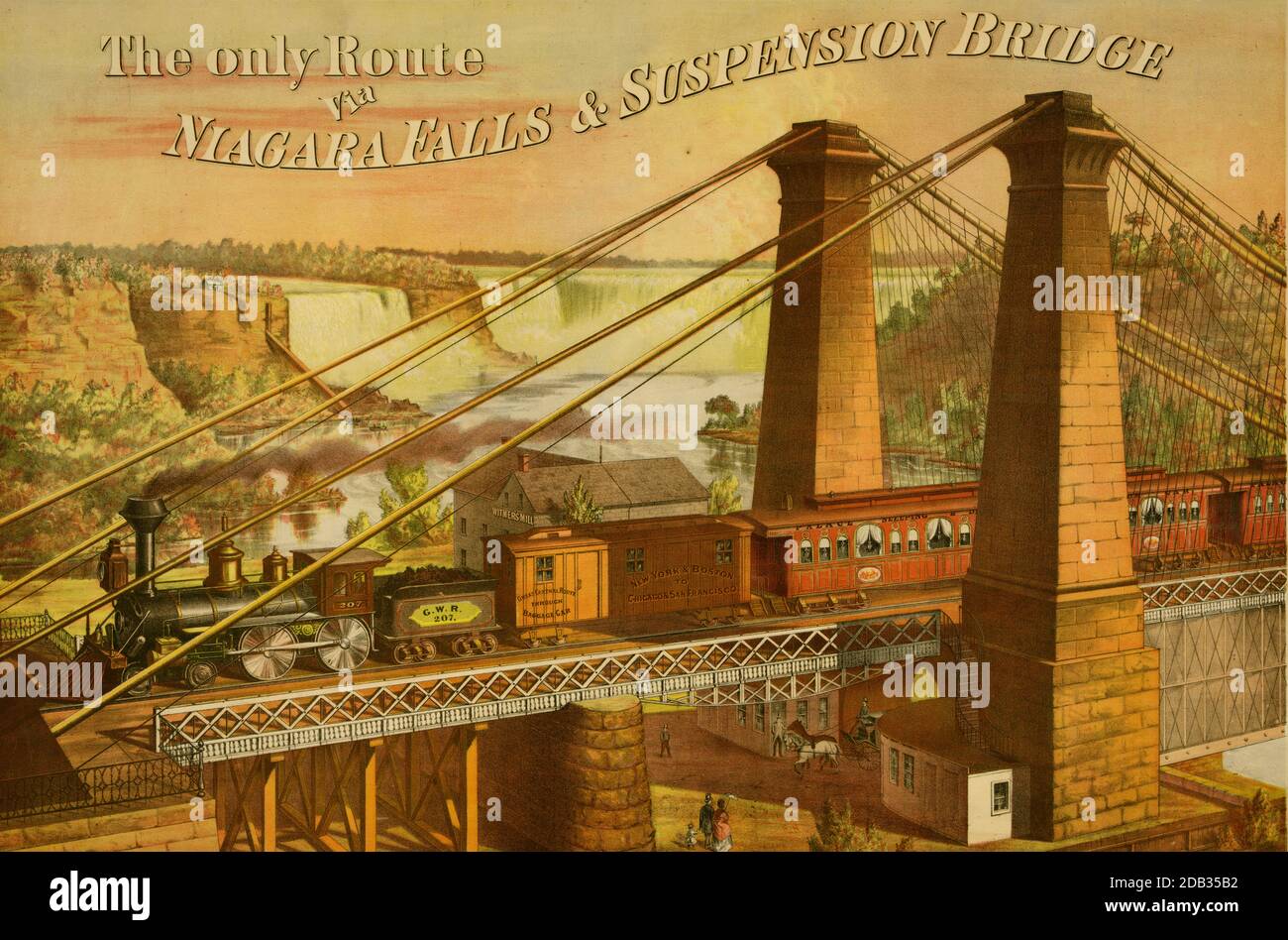 La locomotive attire les trains de voyageurs à travers un pont ferroviaire. Banque D'Images
