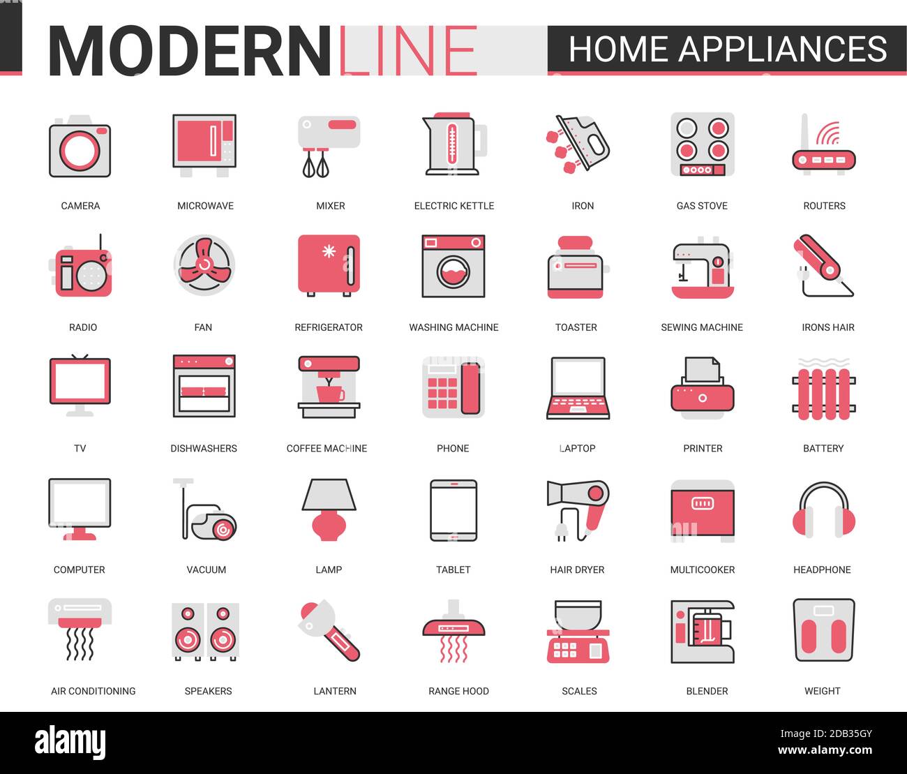 Jeu d'illustrations vectorielles d'icônes à lignes plates pour appareils ménagers. Symboles linéaires fins noirs rouges pour le nettoyage de la maison, la cuisine ou la salle de bains articles ménagers, les cheveux soins du corps et les gadgets électroniques collection de contour Illustration de Vecteur