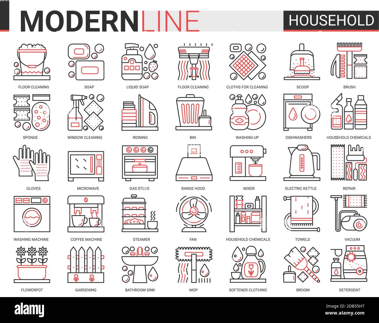 Outils ménagers complexe fin rouge lignes noires icônes vecteur illustration ensemble, contour nettoyage de maison, cuisine ou jardinage symboles linéaires, collection de travaux ménagers équipement de nettoyage domestique, appareils ménagers Illustration de Vecteur